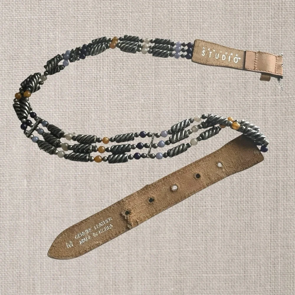 Vtg.Leather belt with western style buckle & multi strand Beaded Embellishments